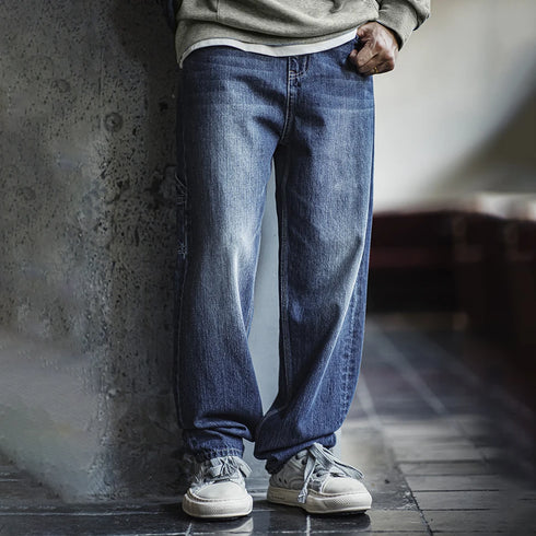 Retro Blue Logging Jeans Washed Denim Loose Cotton Non-elastic Waist Trousers for Men's Daily